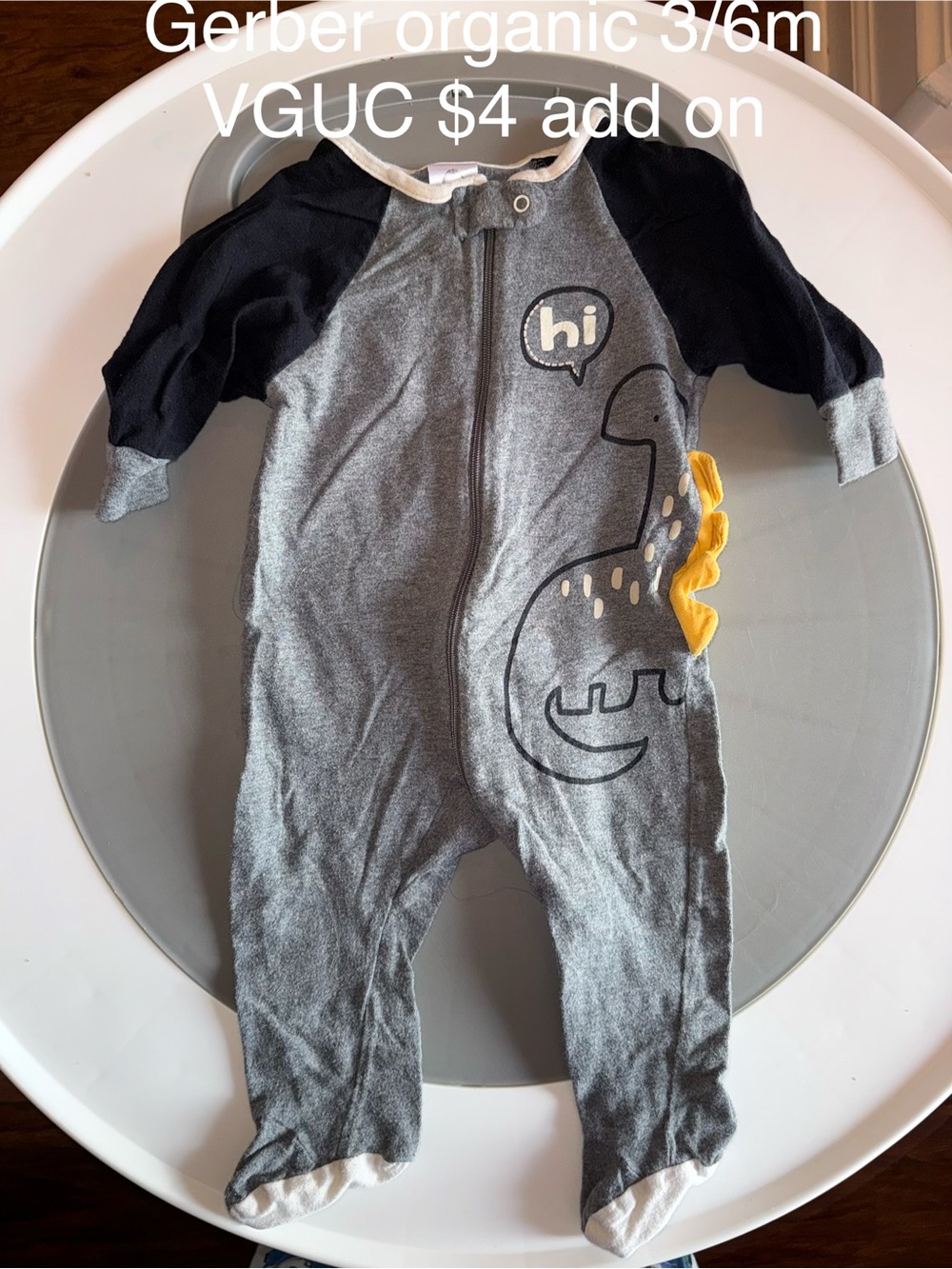 Gerber Organic Gray & Black Dino Footed One-Piece with Yellow Accent